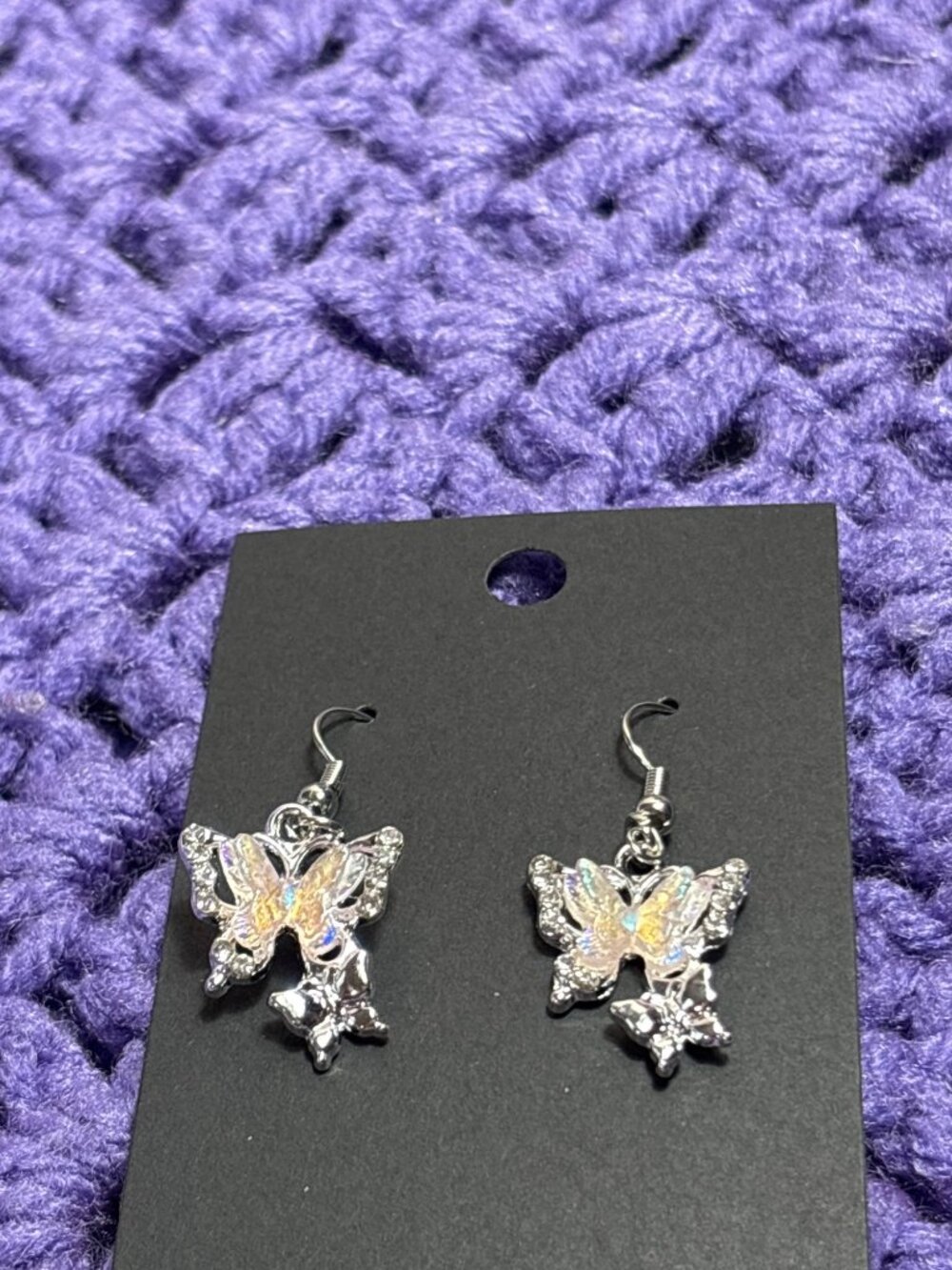 Silvertone Butterfly Dangle Earrings Iridescent Plastic Clear Rhinestones 1 inch